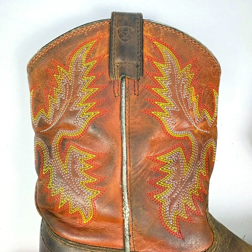 Ariat Kids WorkHog Square Toe Boots Sz 1.5‎ Brown Red Flame Embroidery Western